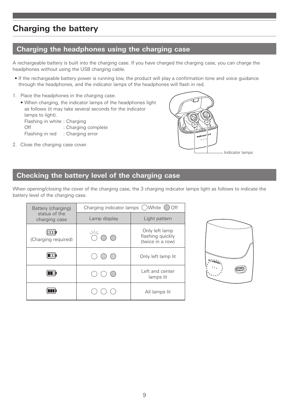 Charging the headphones using the charging case, Checking the battery level of the charging case, Charging the battery | Audio-Technica ATH-ANC300TW QuietPoint Noise-Canceling True Wireless In-Ear Headphones User Manual | Page 10 / 23
