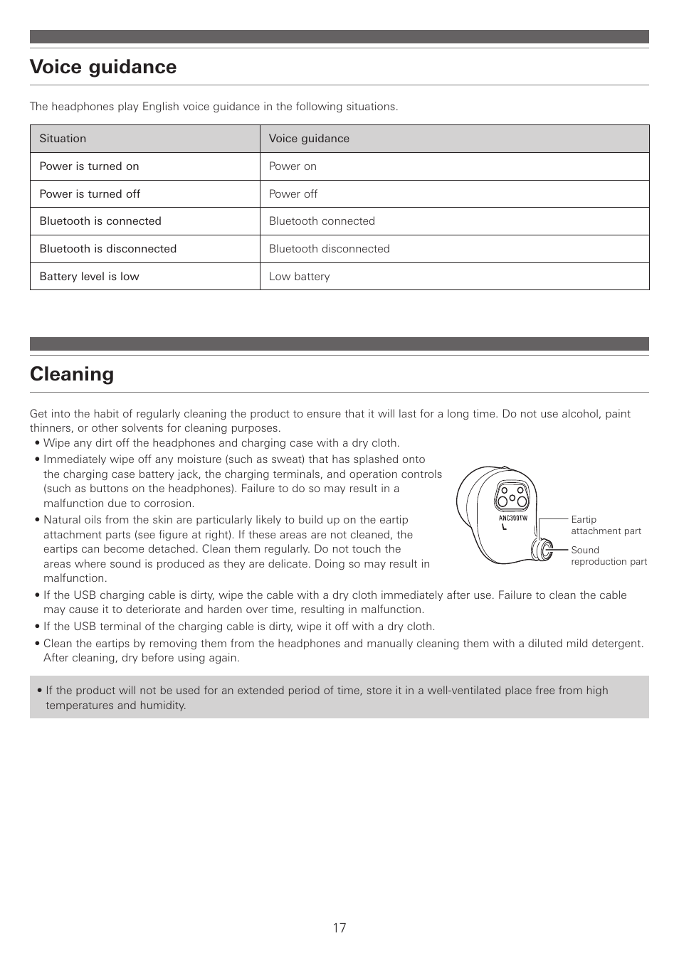 Voice guidance, Cleaning | Audio-Technica ATH-ANC300TW QuietPoint Noise-Canceling True Wireless In-Ear Headphones User Manual | Page 18 / 23