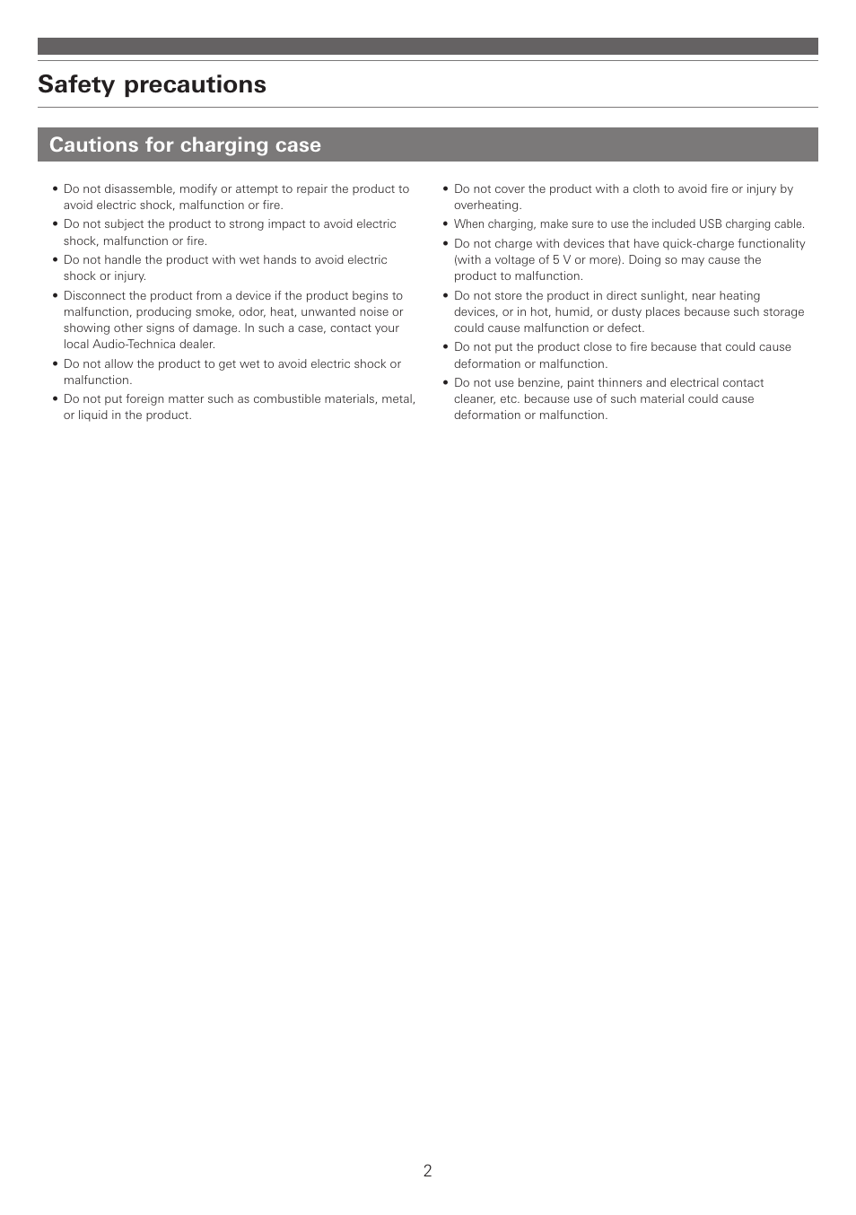 Cautions for charging case, Safety precautions | Audio-Technica ATH-ANC300TW QuietPoint Noise-Canceling True Wireless In-Ear Headphones User Manual | Page 3 / 23