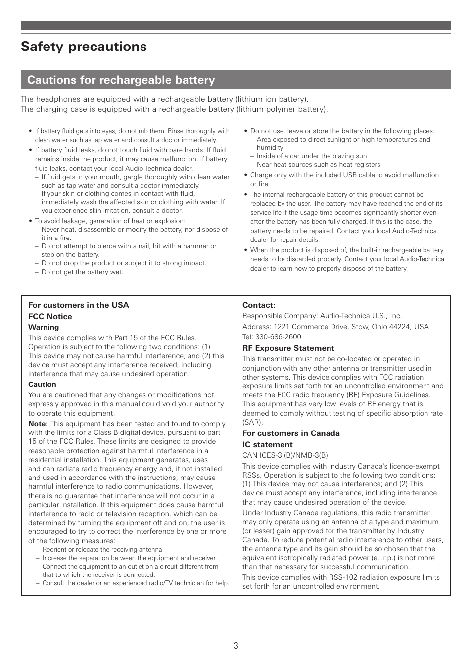 Cautions for rechargeable battery, Safety precautions | Audio-Technica ATH-ANC300TW QuietPoint Noise-Canceling True Wireless In-Ear Headphones User Manual | Page 4 / 23