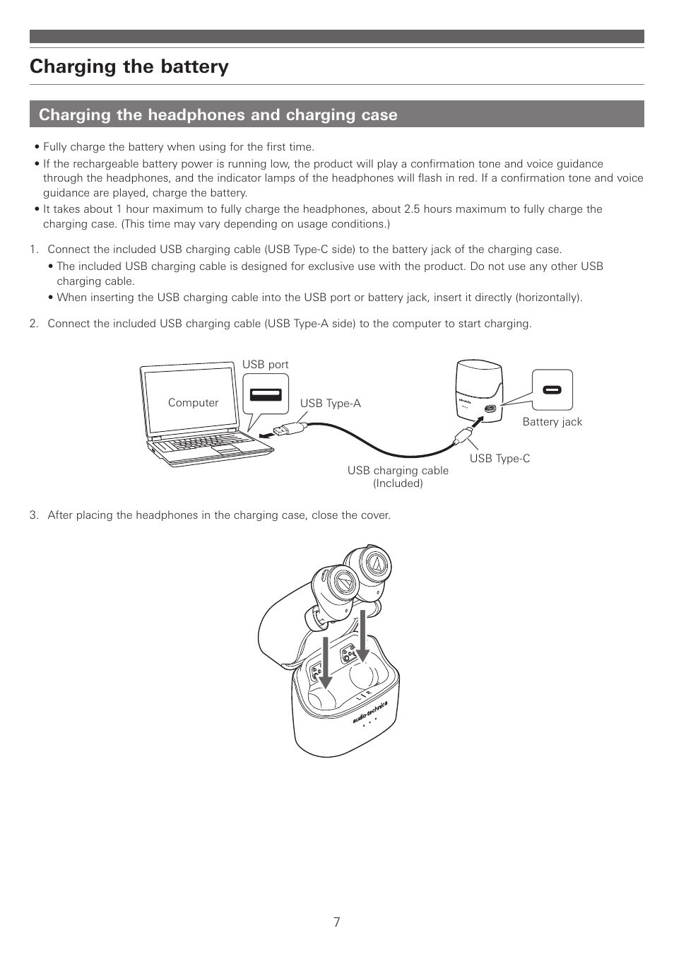 Charging the battery, Charging the headphones and charging case | Audio-Technica ATH-ANC300TW QuietPoint Noise-Canceling True Wireless In-Ear Headphones User Manual | Page 8 / 23