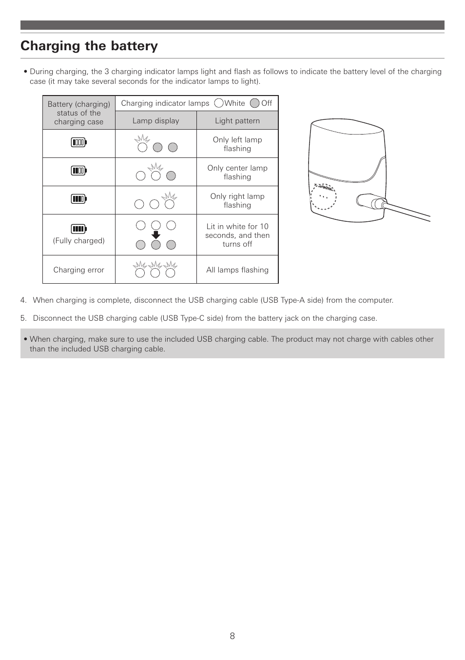 Charging the battery | Audio-Technica ATH-ANC300TW QuietPoint Noise-Canceling True Wireless In-Ear Headphones User Manual | Page 9 / 23