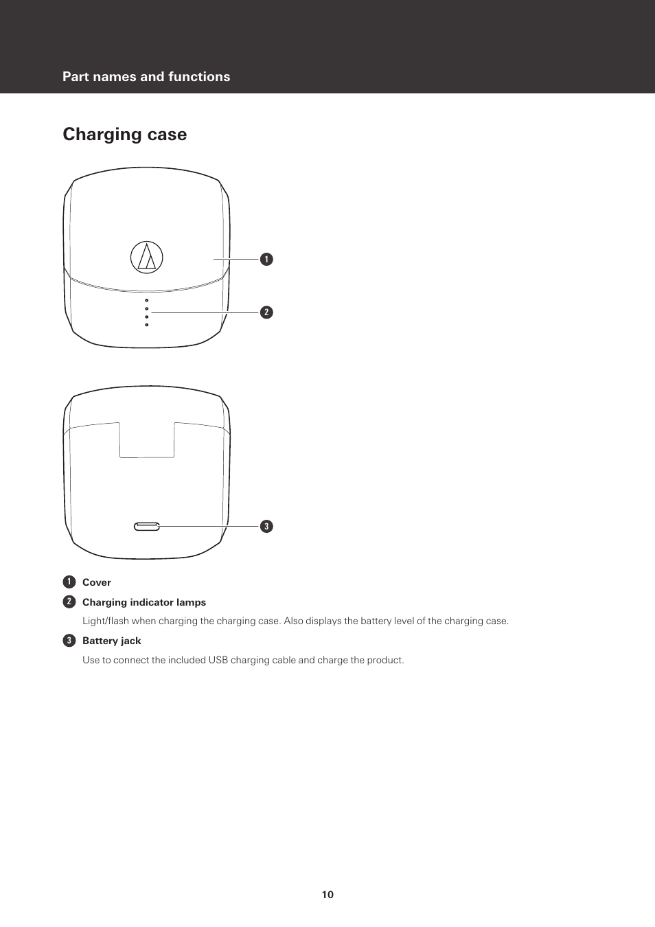 Charging case, Part names and functions | Audio-Technica ATH-CKS50TW Noise-Canceling True Wireless In-Ear Headphones (Black) User Manual | Page 11 / 40