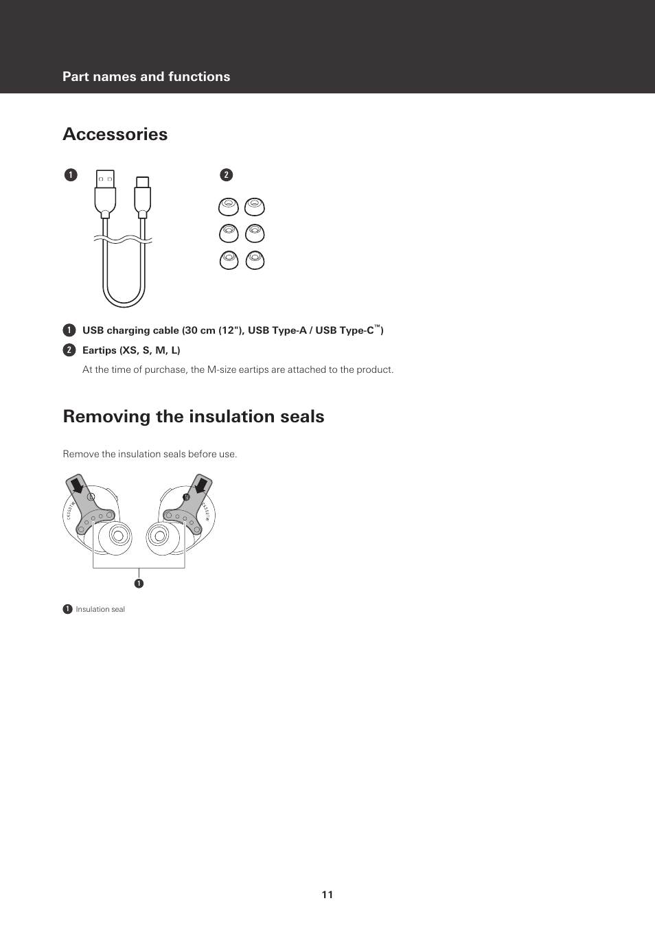 Accessories, Removing the insulation seals, Part names and functions | Audio-Technica ATH-CKS50TW Noise-Canceling True Wireless In-Ear Headphones (Black) User Manual | Page 12 / 40