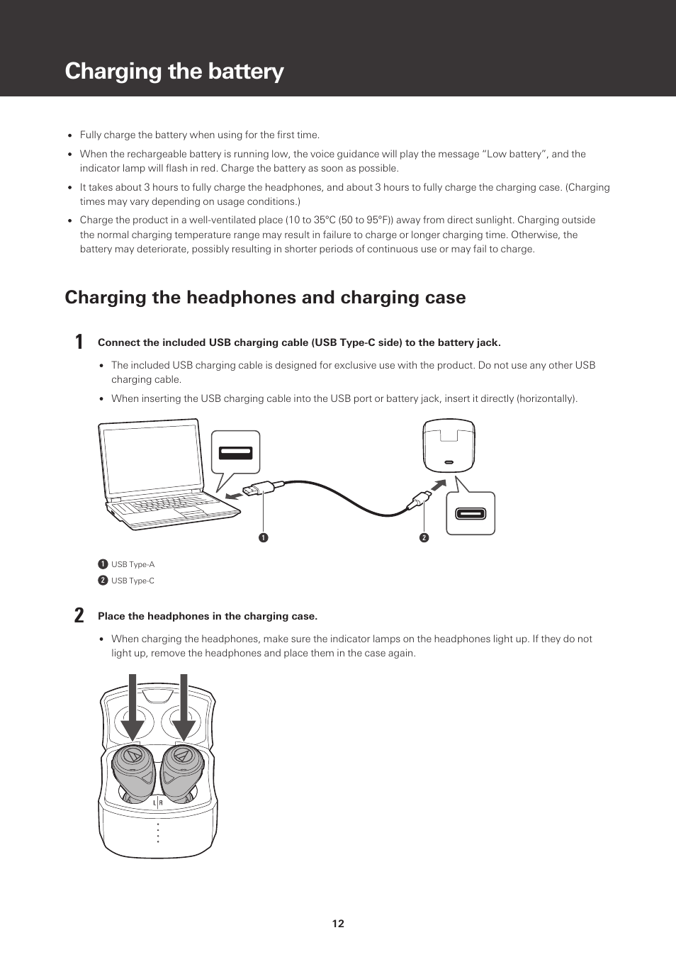 Charging the battery, Charging the headphones and charging case | Audio-Technica ATH-CKS50TW Noise-Canceling True Wireless In-Ear Headphones (Black) User Manual | Page 13 / 40