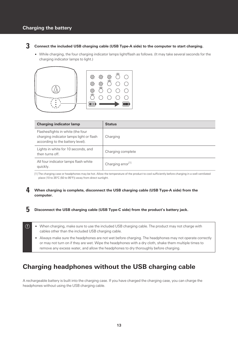 Charging headphones without the usb charging cable | Audio-Technica ATH-CKS50TW Noise-Canceling True Wireless In-Ear Headphones (Black) User Manual | Page 14 / 40