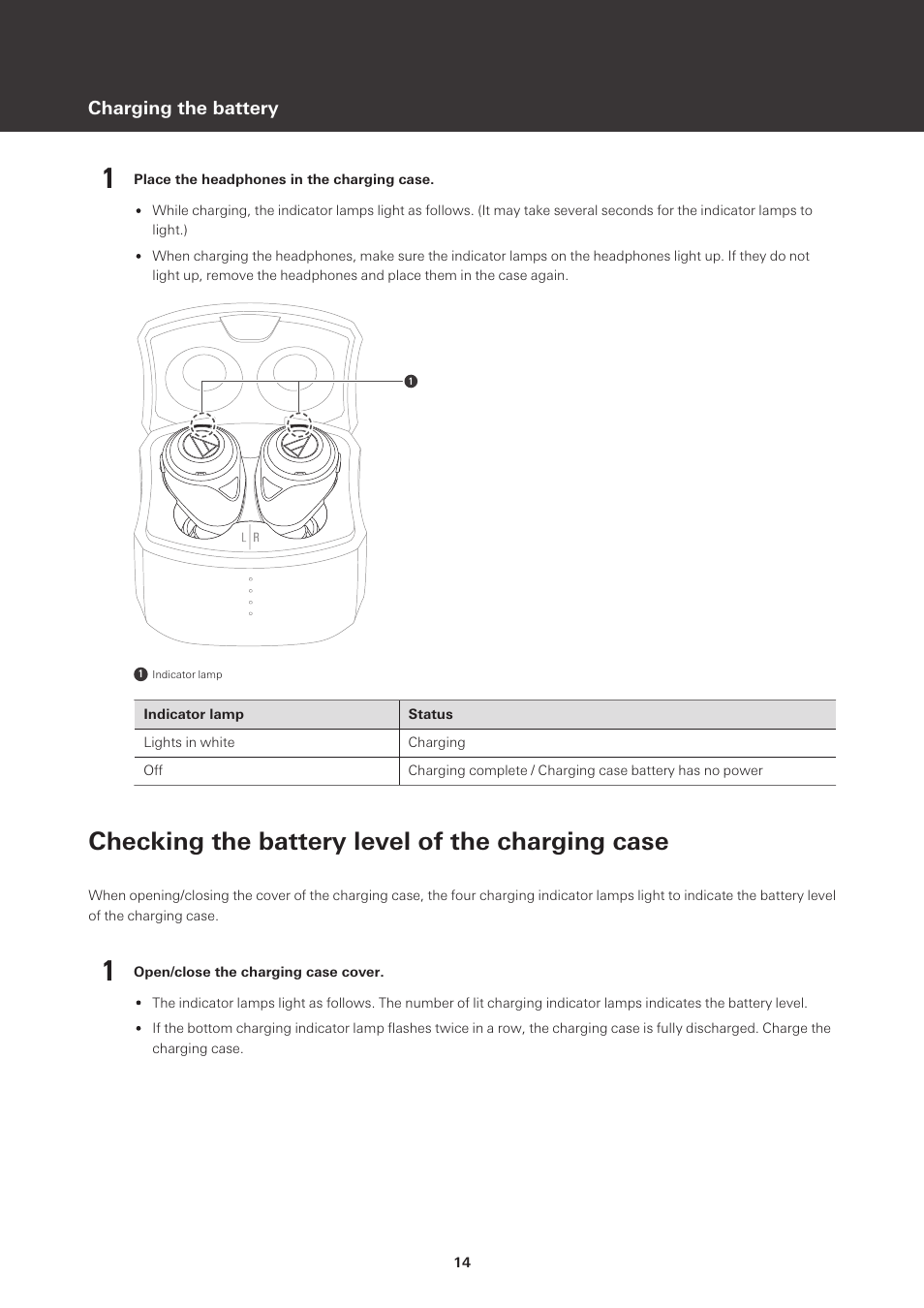 Checking the battery level of the charging case | Audio-Technica ATH-CKS50TW Noise-Canceling True Wireless In-Ear Headphones (Black) User Manual | Page 15 / 40