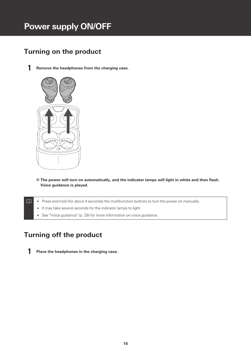 Power supply on/off, Turning on the product, Turning off the product | Audio-Technica ATH-CKS50TW Noise-Canceling True Wireless In-Ear Headphones (Black) User Manual | Page 17 / 40