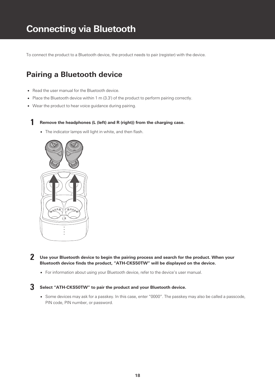 Connecting via bluetooth, Pairing a bluetooth device | Audio-Technica ATH-CKS50TW Noise-Canceling True Wireless In-Ear Headphones (Black) User Manual | Page 19 / 40