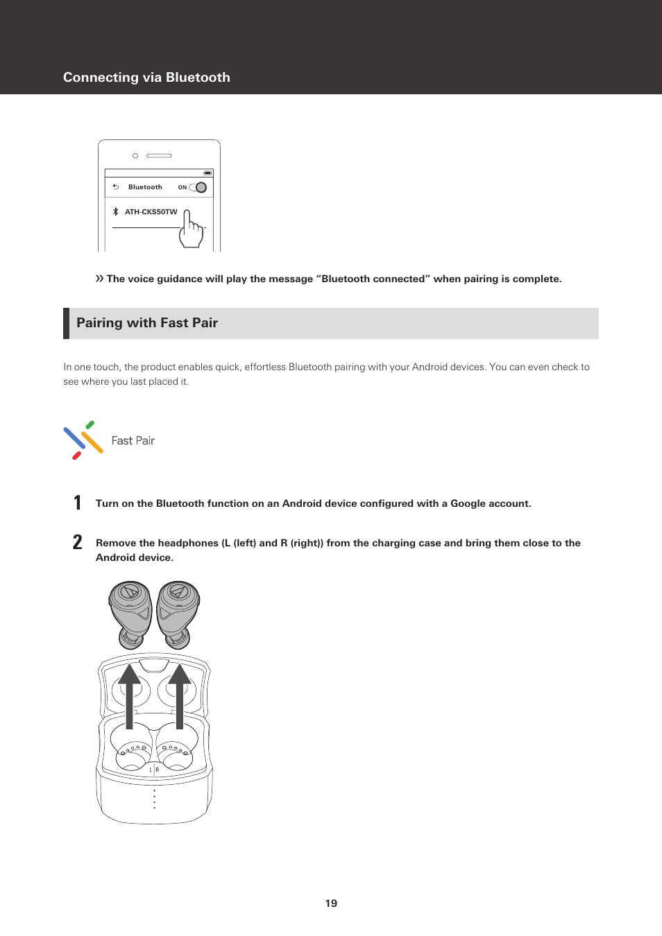 Pairing with fast pair | Audio-Technica ATH-CKS50TW Noise-Canceling True Wireless In-Ear Headphones (Black) User Manual | Page 20 / 40