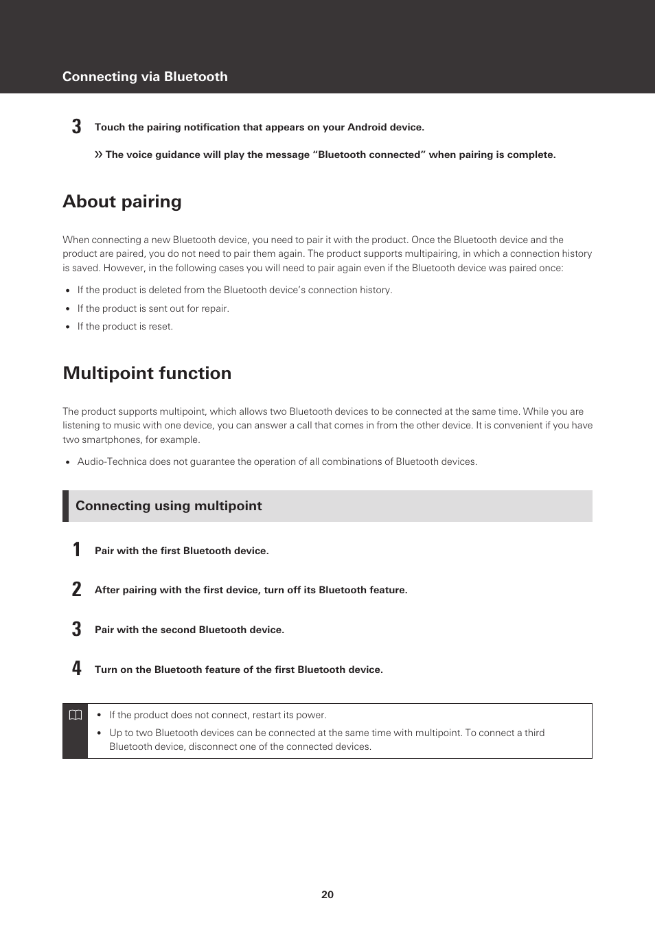 About pairing, Multipoint function, Connecting using multipoint | Audio-Technica ATH-CKS50TW Noise-Canceling True Wireless In-Ear Headphones (Black) User Manual | Page 21 / 40