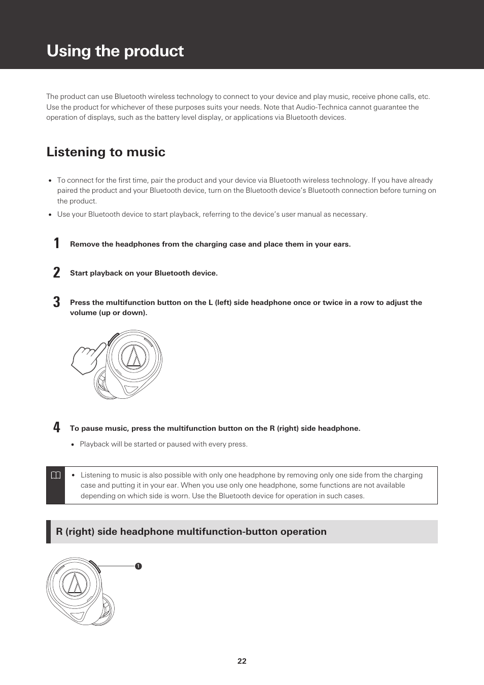 Using the product, Listening to music | Audio-Technica ATH-CKS50TW Noise-Canceling True Wireless In-Ear Headphones (Black) User Manual | Page 23 / 40