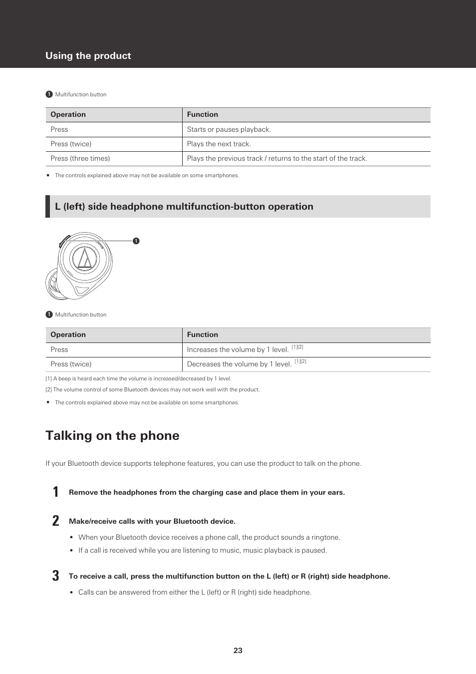 Talking on the phone, Using the product | Audio-Technica ATH-CKS50TW Noise-Canceling True Wireless In-Ear Headphones (Black) User Manual | Page 24 / 40