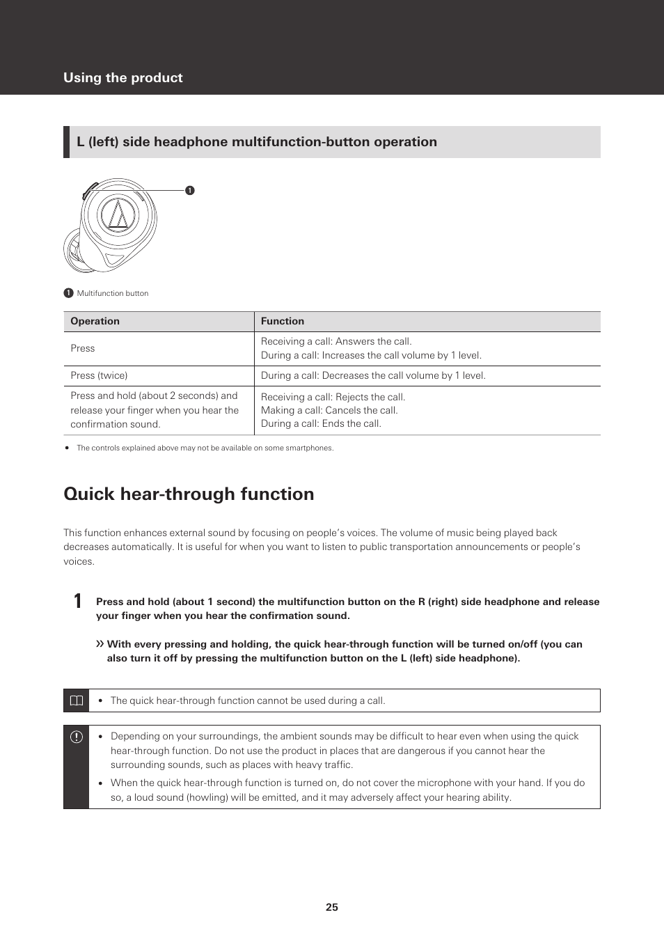 Quick hear-through function, Using the product | Audio-Technica ATH-CKS50TW Noise-Canceling True Wireless In-Ear Headphones (Black) User Manual | Page 26 / 40