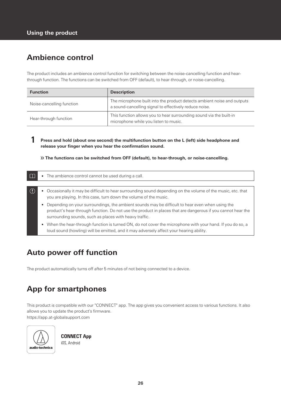 Ambience control, Auto power off function, App for smartphones | Audio-Technica ATH-CKS50TW Noise-Canceling True Wireless In-Ear Headphones (Black) User Manual | Page 27 / 40