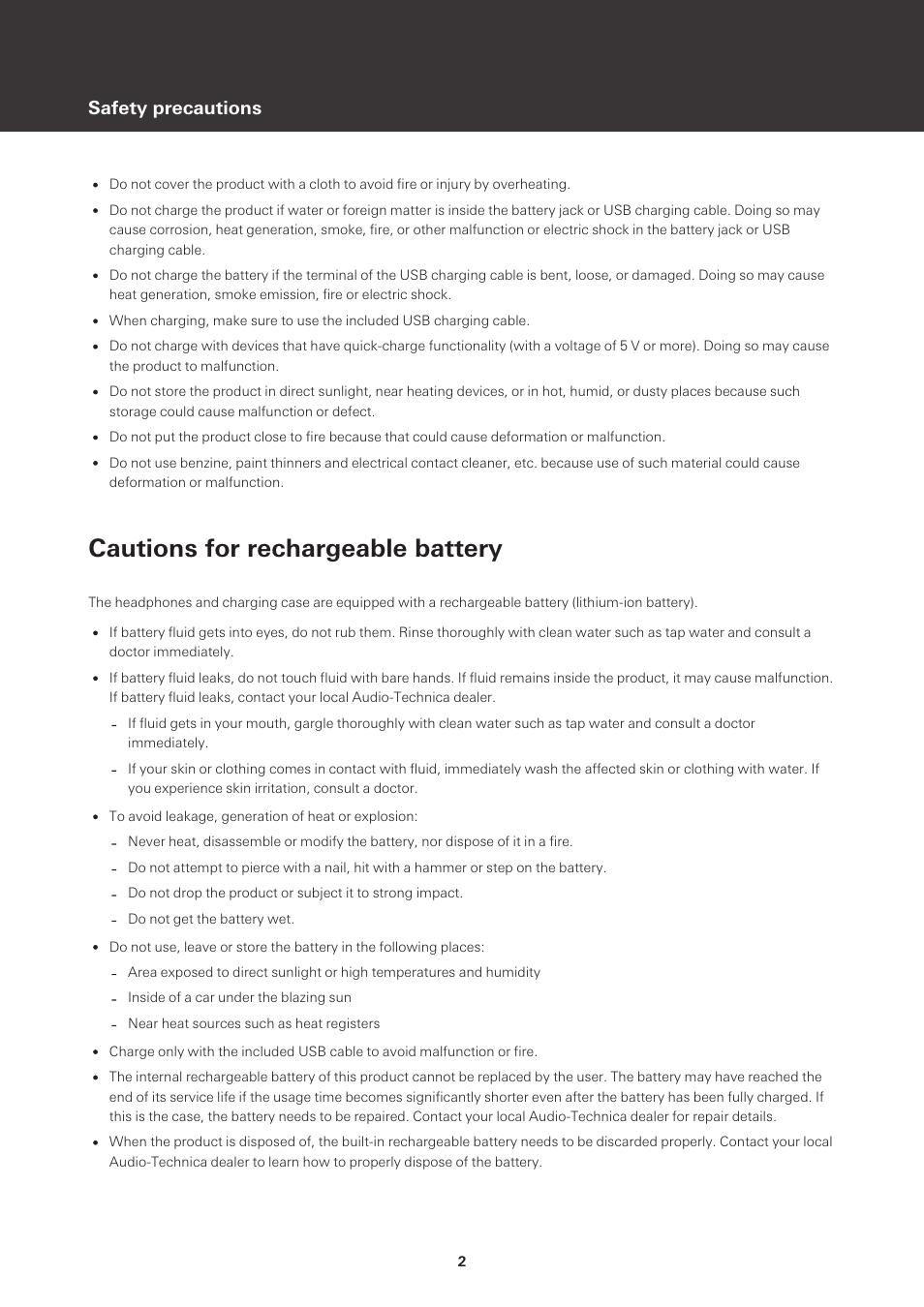 Cautions for rechargeable battery, Safety precautions | Audio-Technica ATH-CKS50TW Noise-Canceling True Wireless In-Ear Headphones (Black) User Manual | Page 3 / 40
