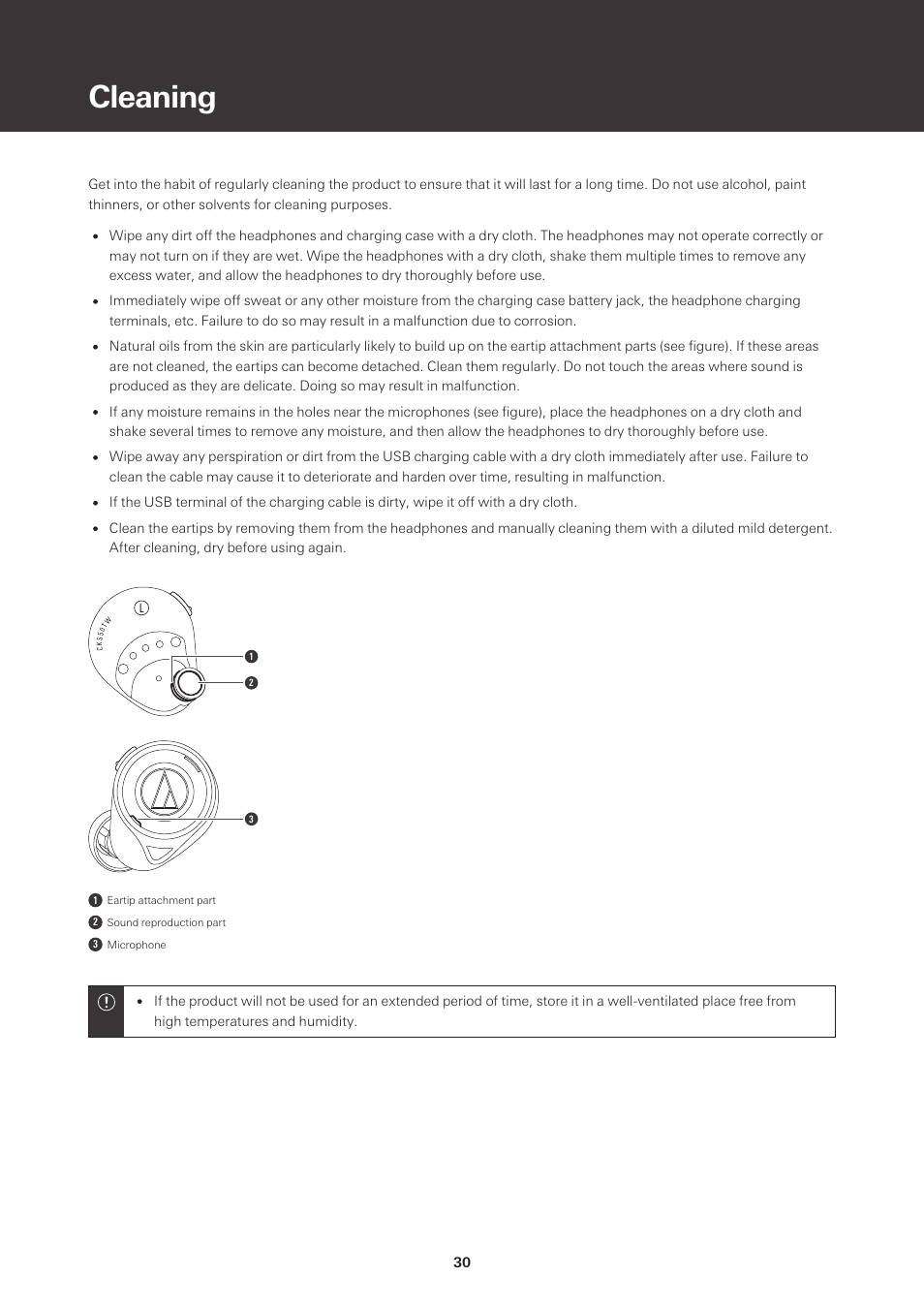 Cleaning | Audio-Technica ATH-CKS50TW Noise-Canceling True Wireless In-Ear Headphones (Black) User Manual | Page 31 / 40