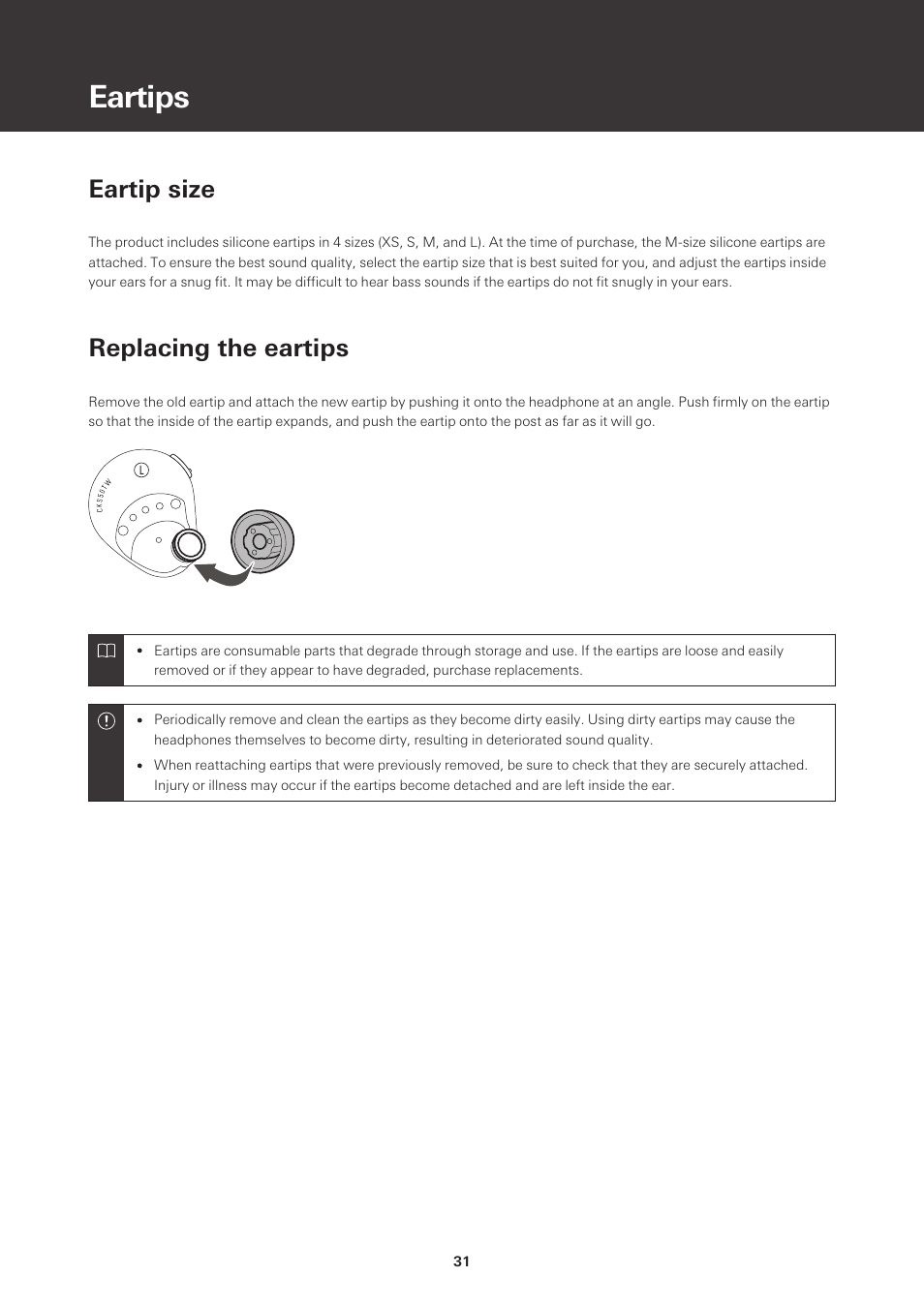 Eartips, Eartip size, Replacing the eartips | Audio-Technica ATH-CKS50TW Noise-Canceling True Wireless In-Ear Headphones (Black) User Manual | Page 32 / 40