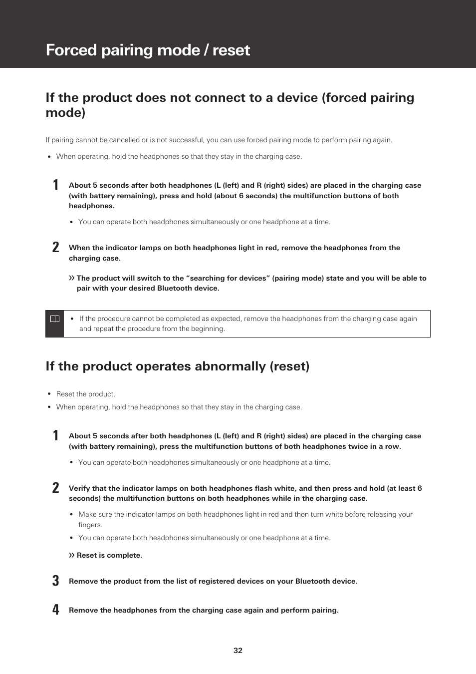 Forced pairing mode / reset, If the product operates abnormally (reset) | Audio-Technica ATH-CKS50TW Noise-Canceling True Wireless In-Ear Headphones (Black) User Manual | Page 33 / 40