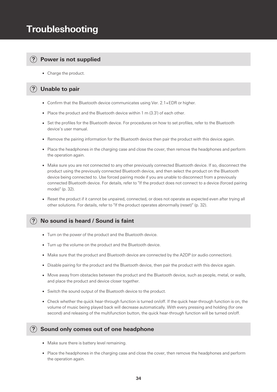 Troubleshooting | Audio-Technica ATH-CKS50TW Noise-Canceling True Wireless In-Ear Headphones (Black) User Manual | Page 35 / 40