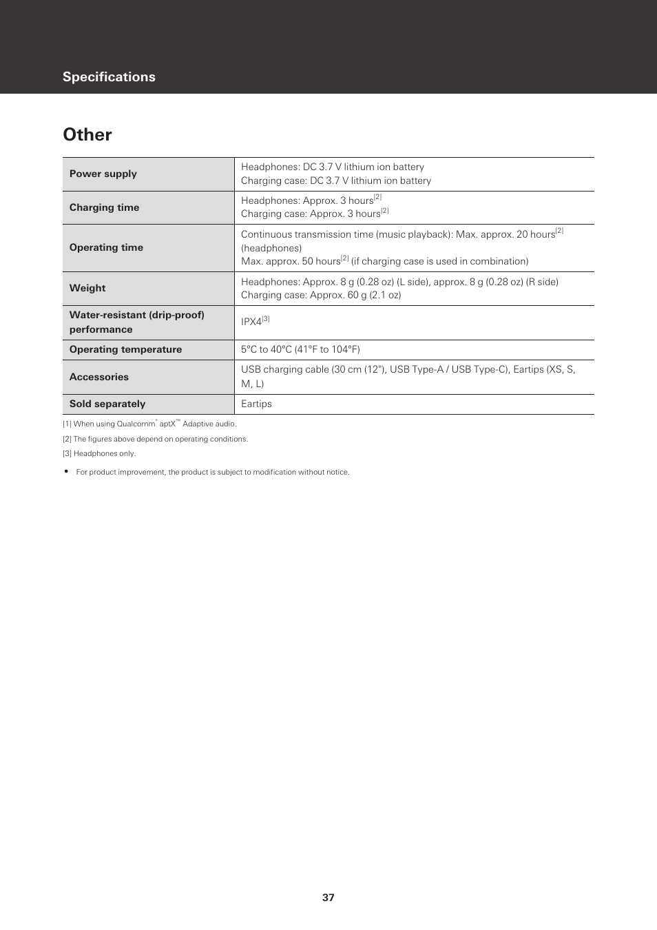 Other, Specifications | Audio-Technica ATH-CKS50TW Noise-Canceling True Wireless In-Ear Headphones (Black) User Manual | Page 38 / 40