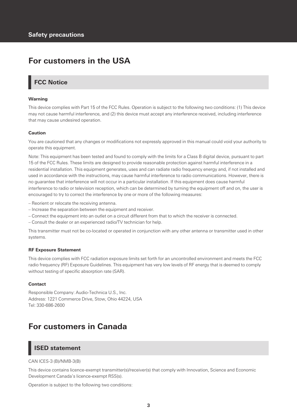 For customers in the usa, Fcc notice, For customers in canada | Ised statement | Audio-Technica ATH-CKS50TW Noise-Canceling True Wireless In-Ear Headphones (Black) User Manual | Page 4 / 40