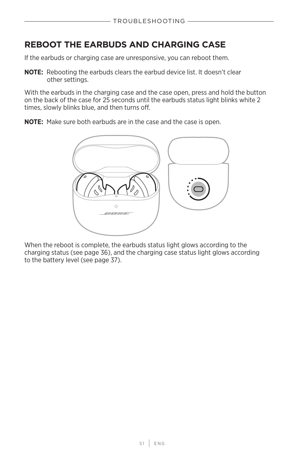 Reboot the earbuds and charging case | Bose QuietComfort Earbuds II Noise-Canceling True Wireless In-Ear Headphones (Limited-Edition Eclipse Gray) User Manual | Page 51 / 52