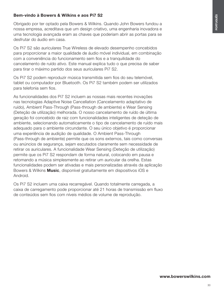 Português | Bowers & Wilkins Pi7 S2 Noise-Canceling True Wireless In-Ear Headphones (Satin Black) User Manual | Page 30 / 120