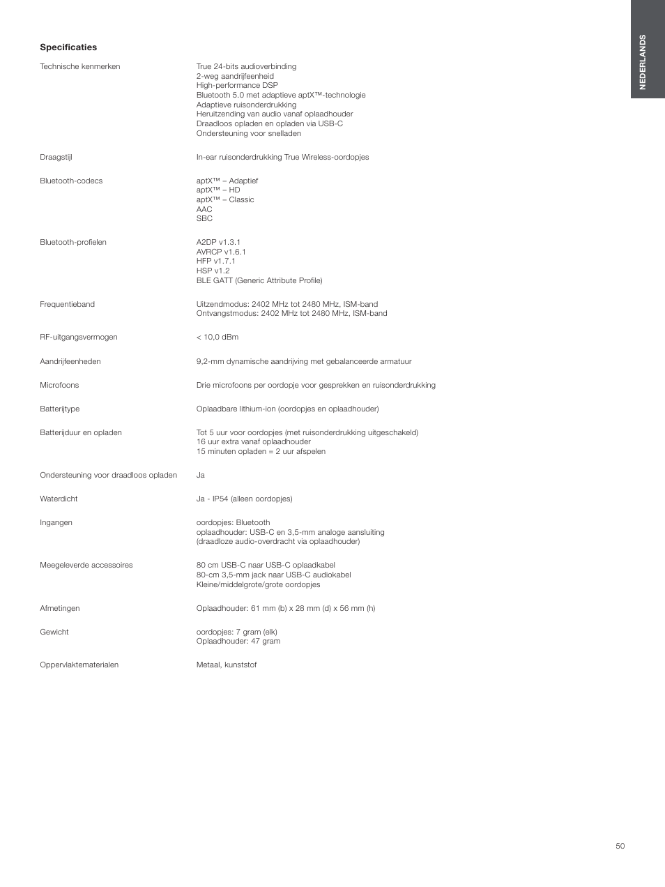 Specificaties | Bowers & Wilkins Pi7 S2 Noise-Canceling True Wireless In-Ear Headphones (Satin Black) User Manual | Page 50 / 120