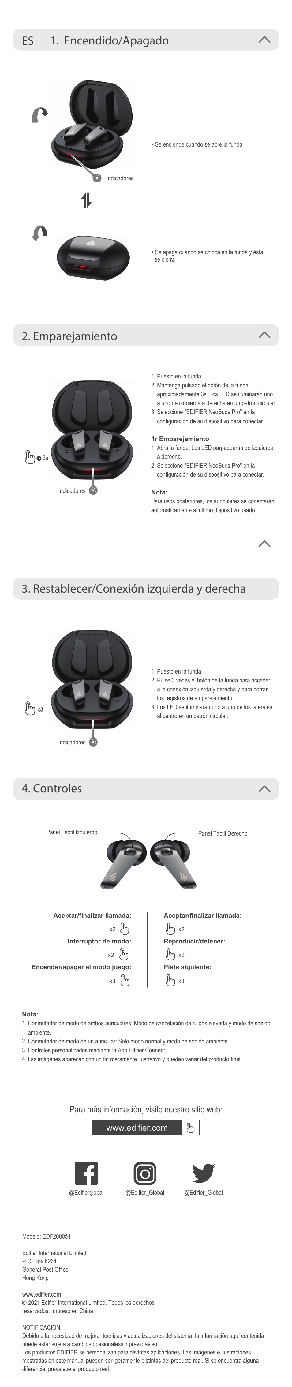 Restablecer/conexión izquierda y derecha, Para más información, visite nuestro sitio web | Edifier NeoBuds Pro Noise-Canceling True Wireless In-Ear Headphones (Black) User Manual | Page 3 / 7