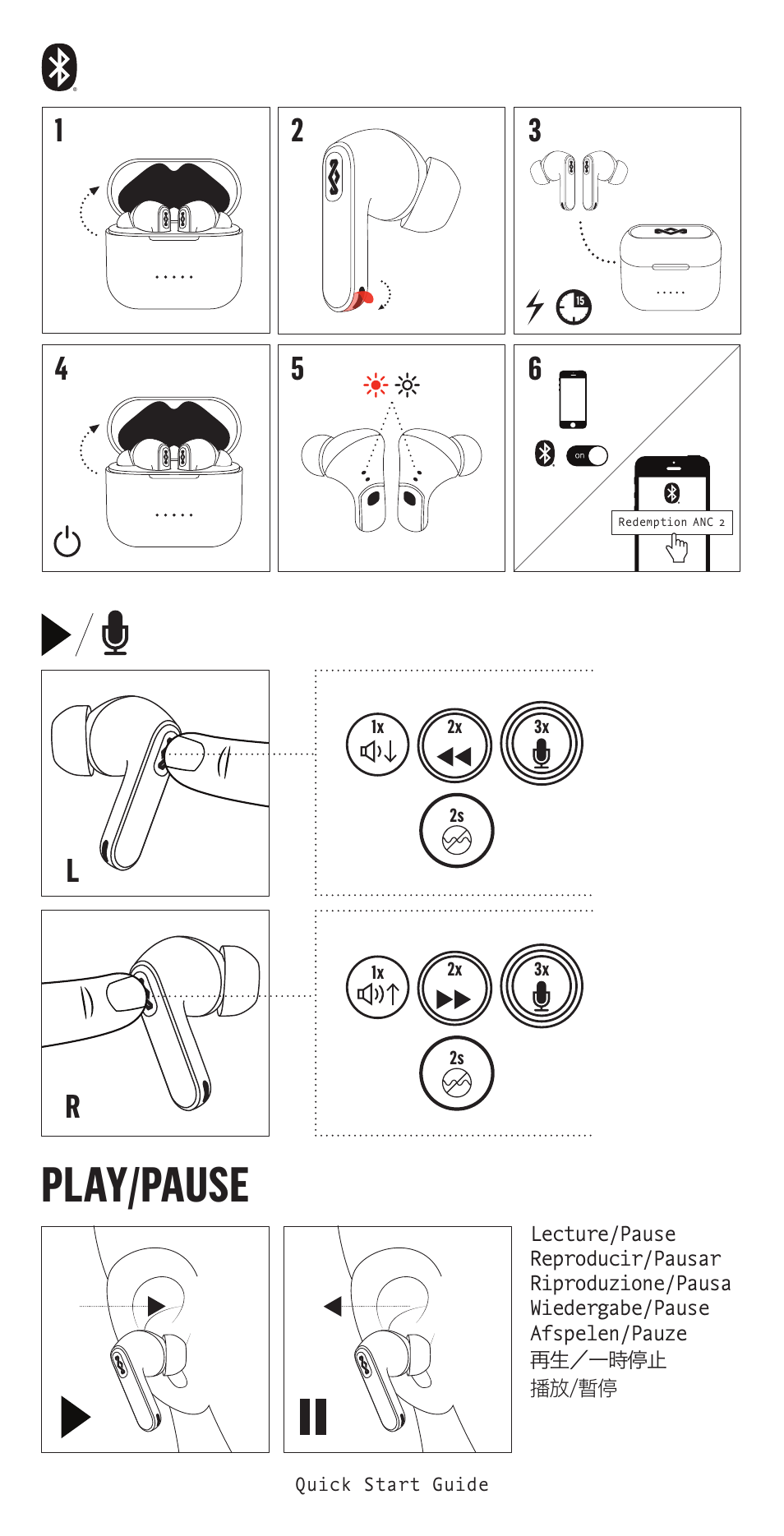 Play/pause | House of Marley Redemption 2 ANC Noise-Canceling True Wireless In-Ear Headphones (Signature Black) User Manual | Page 3 / 32