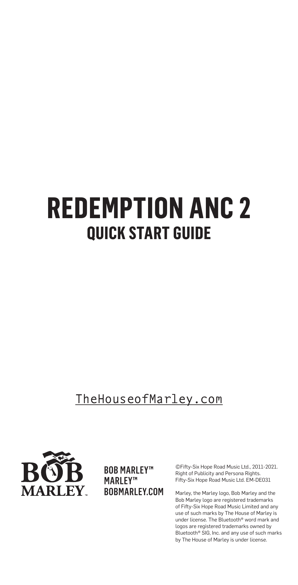 Redemption anc 2, Quick start guide | House of Marley Redemption 2 ANC Noise-Canceling True Wireless In-Ear Headphones (Signature Black) User Manual | Page 9 / 32