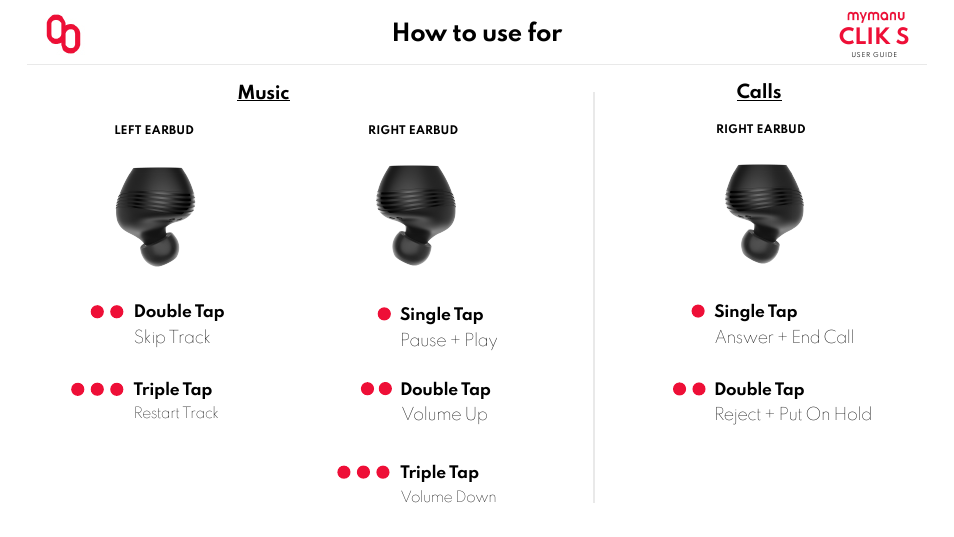 How to use for, Clik s, Music calls | MYMANU Clik S True Wireless In-Ear Headphones with MyJuno Translation User Manual | Page 3 / 11