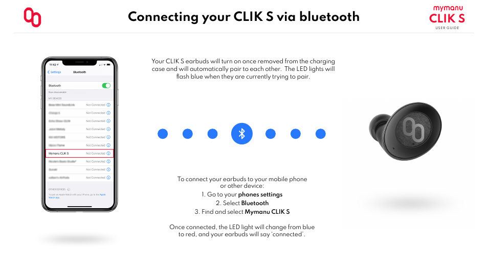 Connecting your clik s via bluetooth, Clik s | MYMANU Clik S True Wireless In-Ear Headphones with MyJuno Translation User Manual | Page 4 / 11
