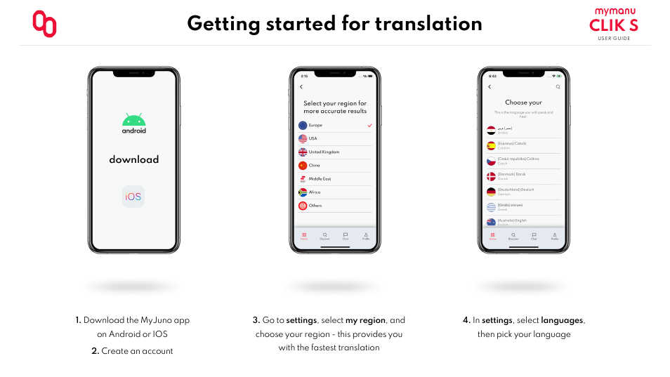 Getting started for translation, Clik s | MYMANU Clik S True Wireless In-Ear Headphones with MyJuno Translation User Manual | Page 5 / 11