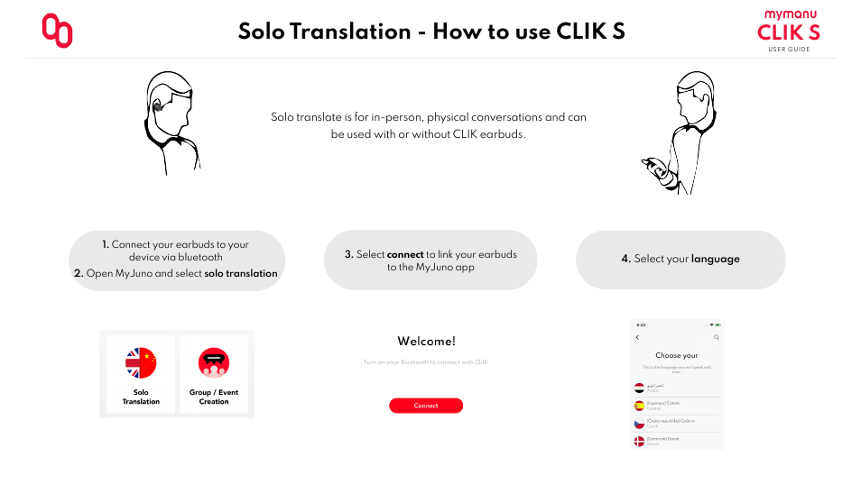 Solo translation - how to use clik s, Clik s | MYMANU Clik S True Wireless In-Ear Headphones with MyJuno Translation User Manual | Page 7 / 11