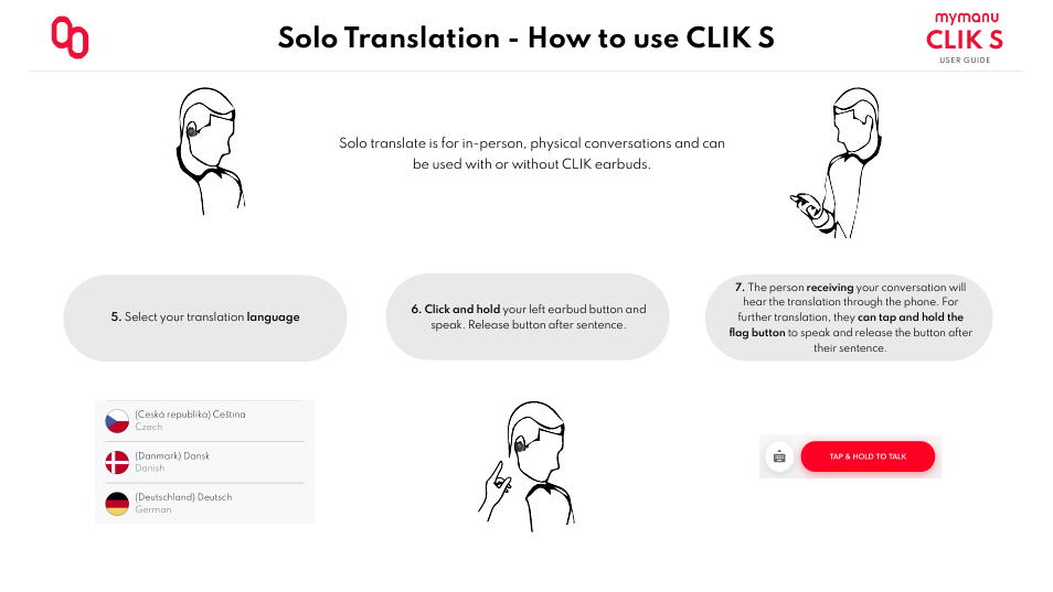 Solo translation - how to use clik s, Clik s | MYMANU Clik S True Wireless In-Ear Headphones with MyJuno Translation User Manual | Page 8 / 11