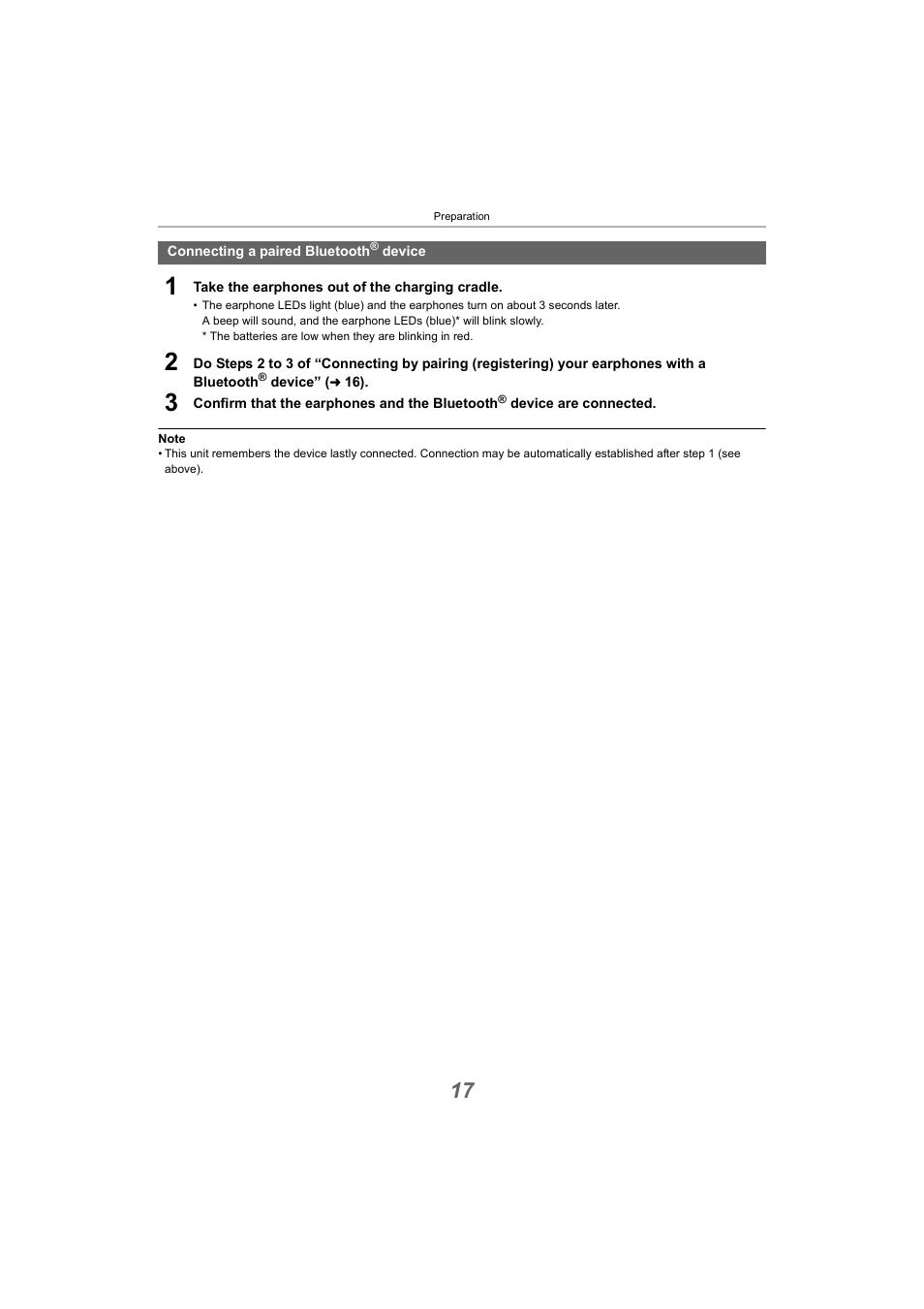 Connecting a paired bluetooth® device, Connecting a paired bluetooth | Panasonic RZ-S300W True Wireless In-Ear Headphones (Green) User Manual | Page 17 / 30