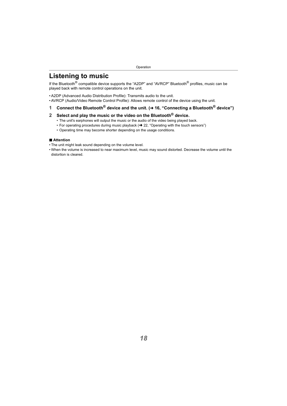 Operation, Listening to music, 18 listening to music | Panasonic RZ-S300W True Wireless In-Ear Headphones (Green) User Manual | Page 18 / 30