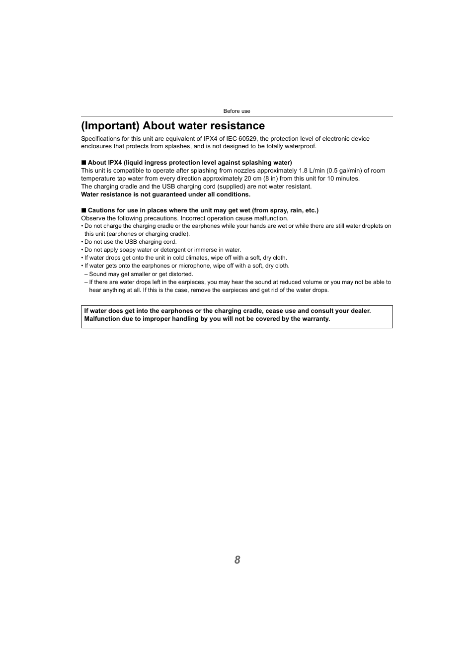 Important) about water resistance, 8(important) about water resistance | Panasonic RZ-S300W True Wireless In-Ear Headphones (Green) User Manual | Page 8 / 30