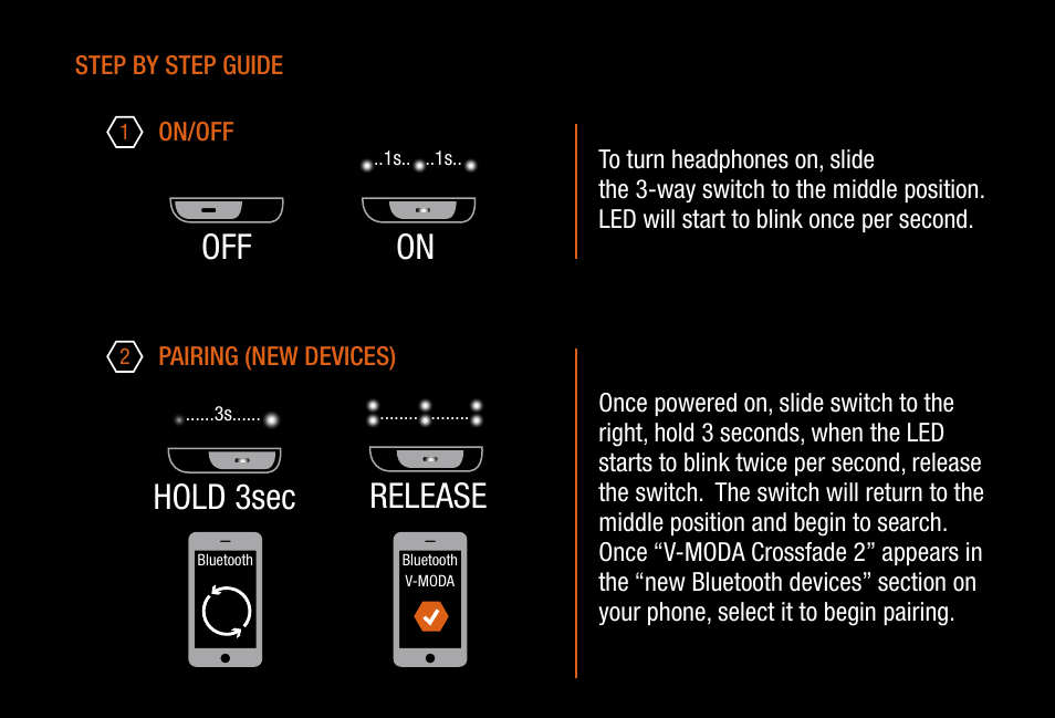 Off on, Release, Hold 3sec | V-MODA Crossfade 2 Wireless Rolling Stones Edition Headphones (Matte Black, No Filter) User Manual | Page 9 / 28