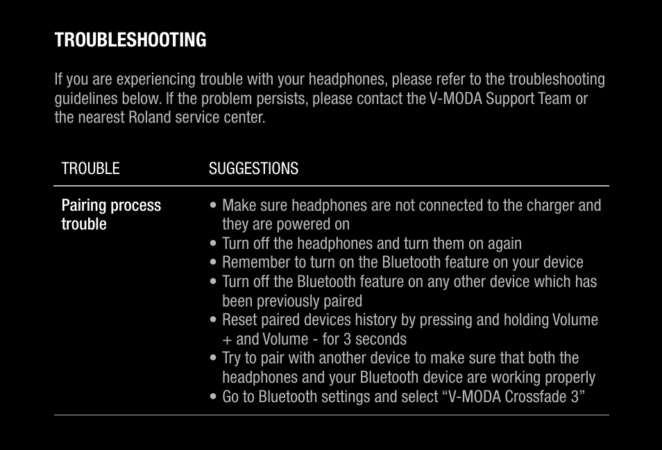 Troubleshooting | V-MODA Crossfade 3 Wireless Over-Ear Headphones (Bronze Black) User Manual | Page 19 / 26