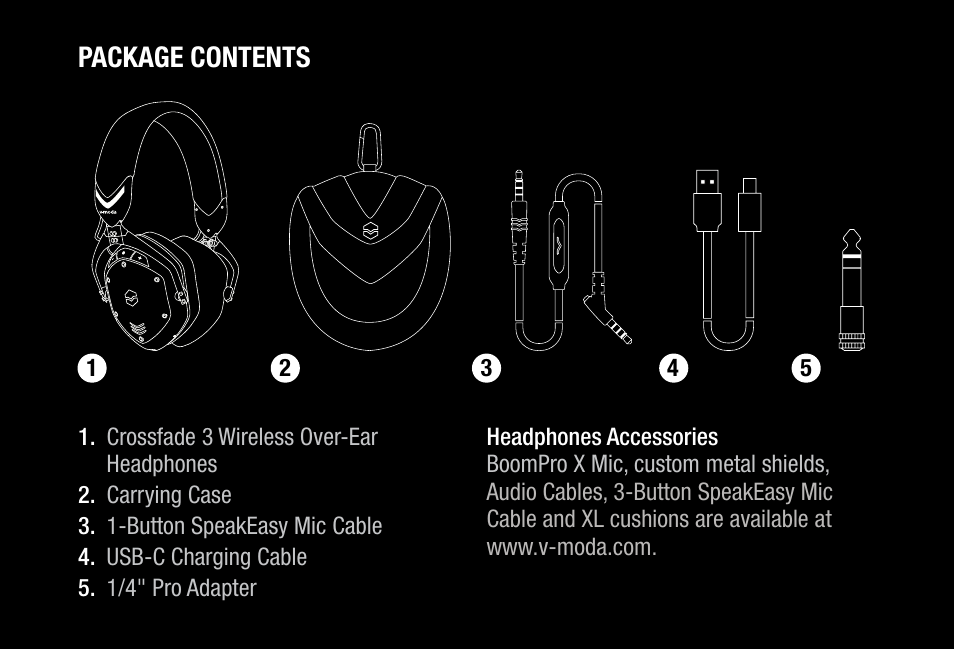 Package contents | V-MODA Crossfade 3 Wireless Over-Ear Headphones (Bronze Black) User Manual | Page 5 / 26