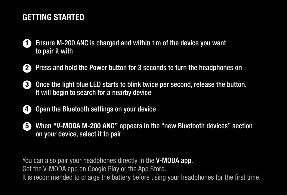 Getting started | V-MODA M-200 Noise-Canceling Wireless Over-Ear Headphones User Manual | Page 10 / 26