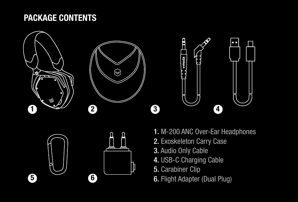 Package contents | V-MODA M-200 Noise-Canceling Wireless Over-Ear Headphones User Manual | Page 5 / 26