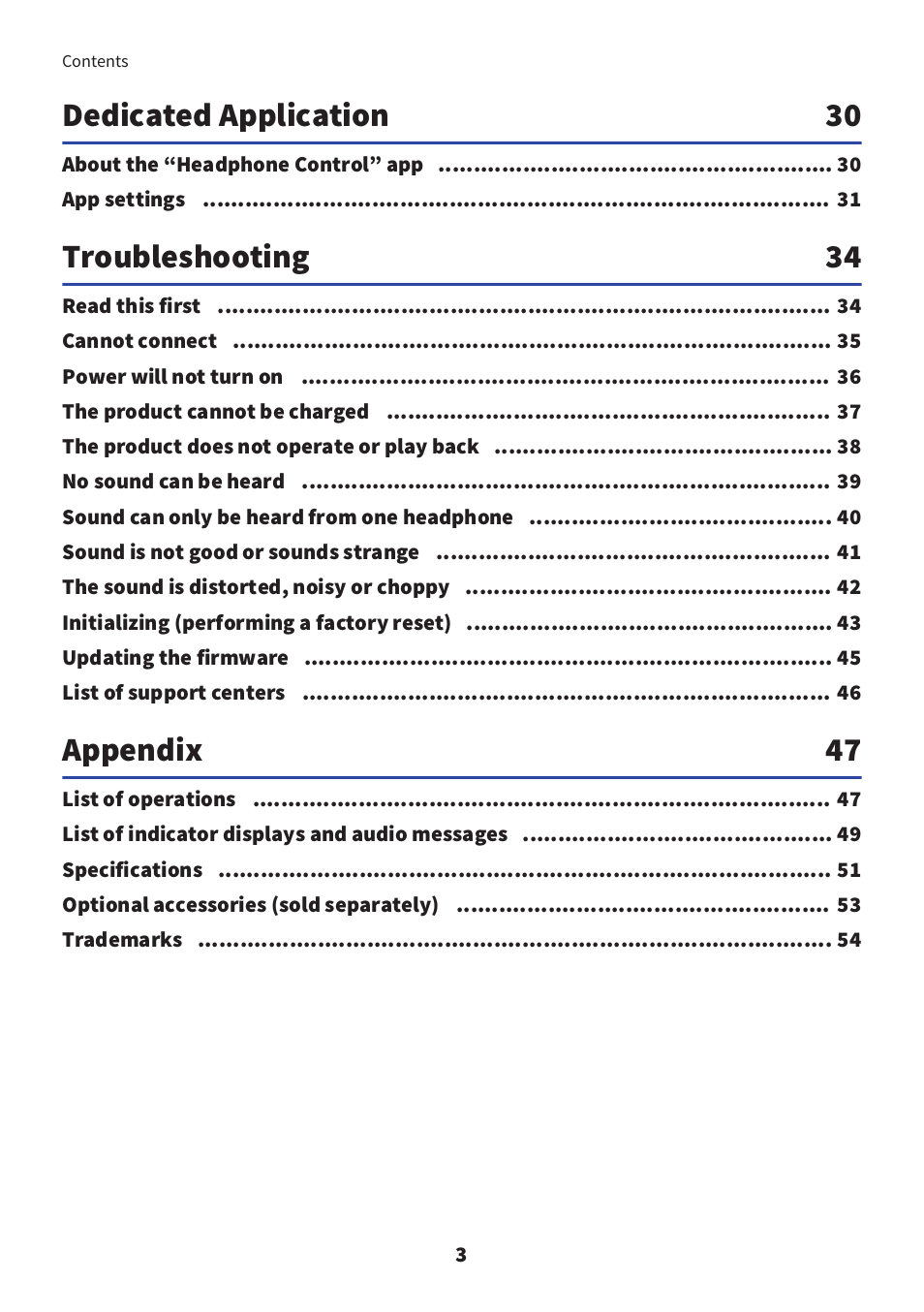 Dedicated application 30, Troubleshooting 34, Appendix 47 | Yamaha YH-E700B Wireless Noise-Cancelling Over-Ear Bluetooth Headphones (Black) User Manual | Page 3 / 55