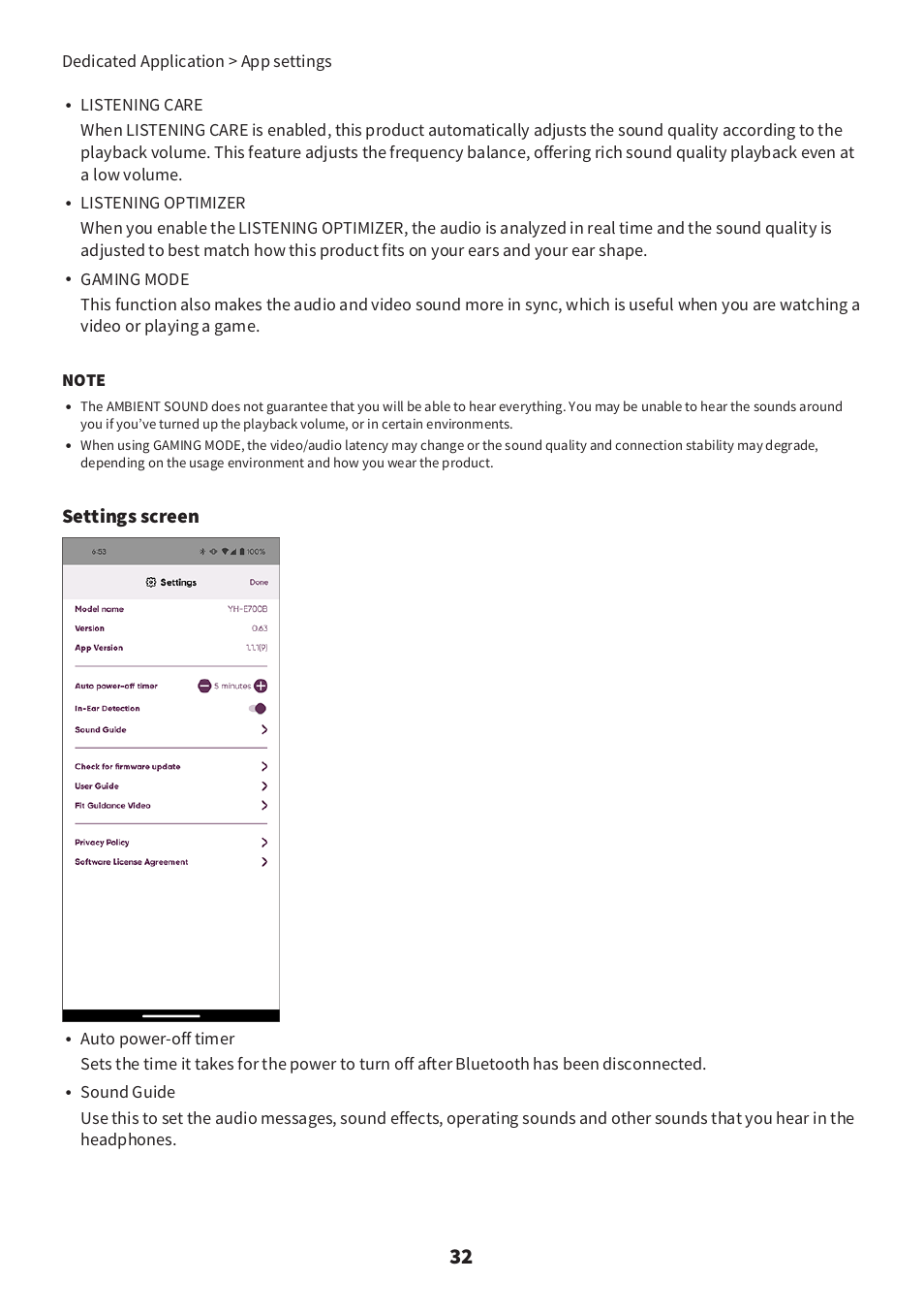 Settings screen, Dedicated application > app settings | Yamaha YH-E700B Wireless Noise-Cancelling Over-Ear Bluetooth Headphones (Black) User Manual | Page 32 / 55