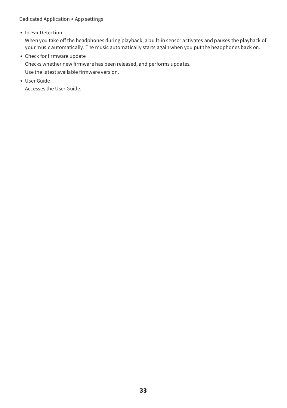 User guide accesses the user guide, Dedicated application > app settings | Yamaha YH-E700B Wireless Noise-Cancelling Over-Ear Bluetooth Headphones (Black) User Manual | Page 33 / 55