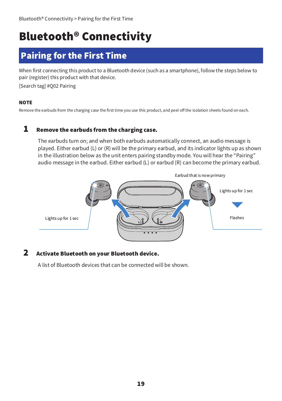 Bluetooth® connectivity, Pairing for the first time, Pairing for the first time” (p.19) | Yamaha TW-E3C True Wireless Earbuds (Red) User Manual | Page 19 / 62