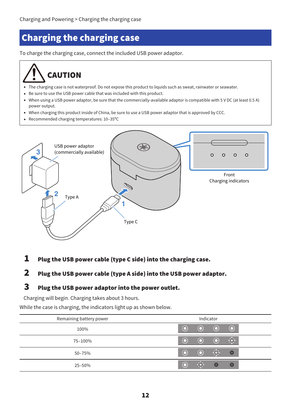 Charging the charging case, Caution | Yamaha TW-E7B Noise-Canceling True Wireless In-Ear Headphones (White) User Manual | Page 12 / 56